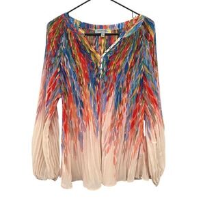 Boho‎ Sheer Peasant Blouse L Multicolor Pleated Hippie Art Festival Indie Flowy